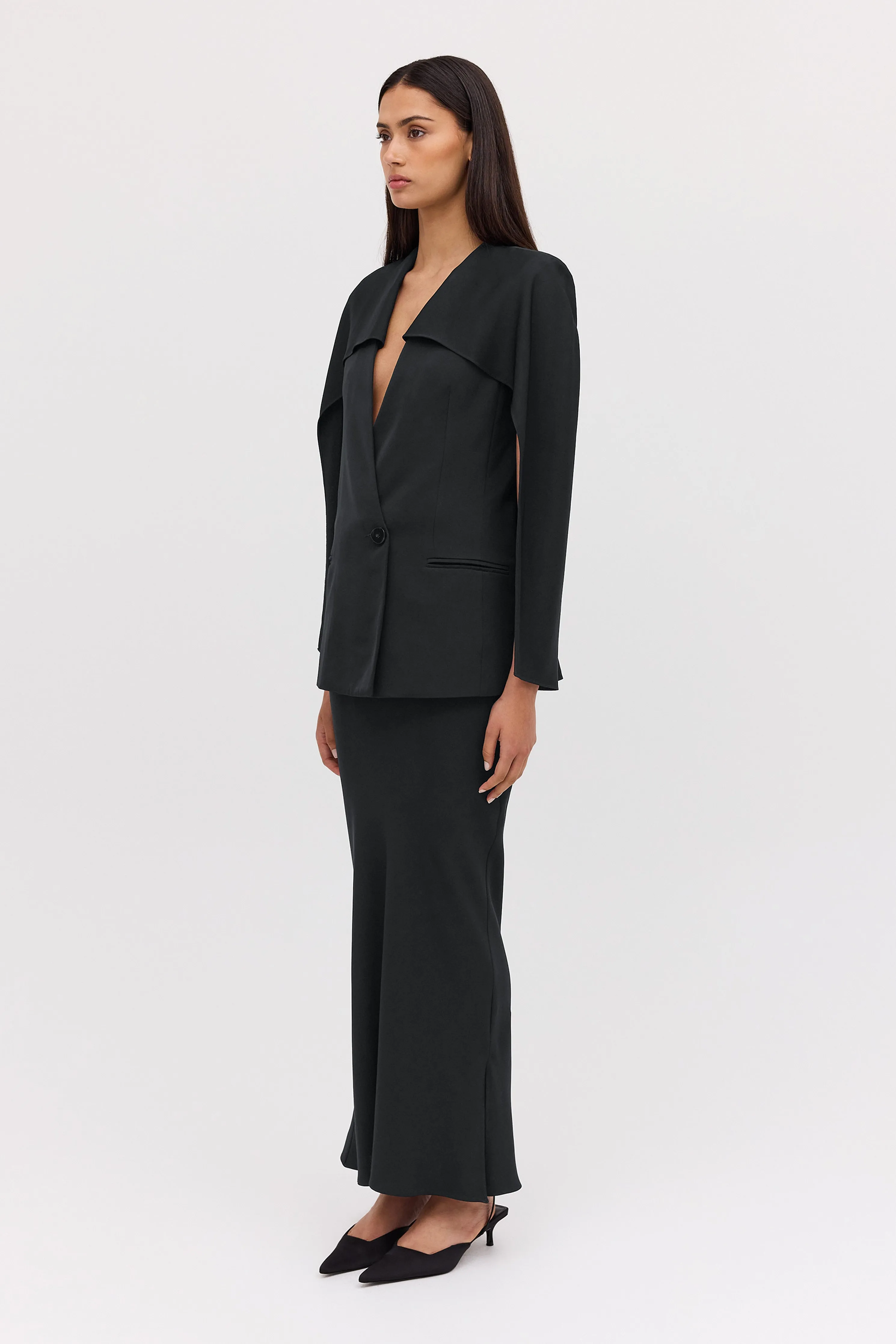 BLACK SATIN SPACES CAPE JACKET