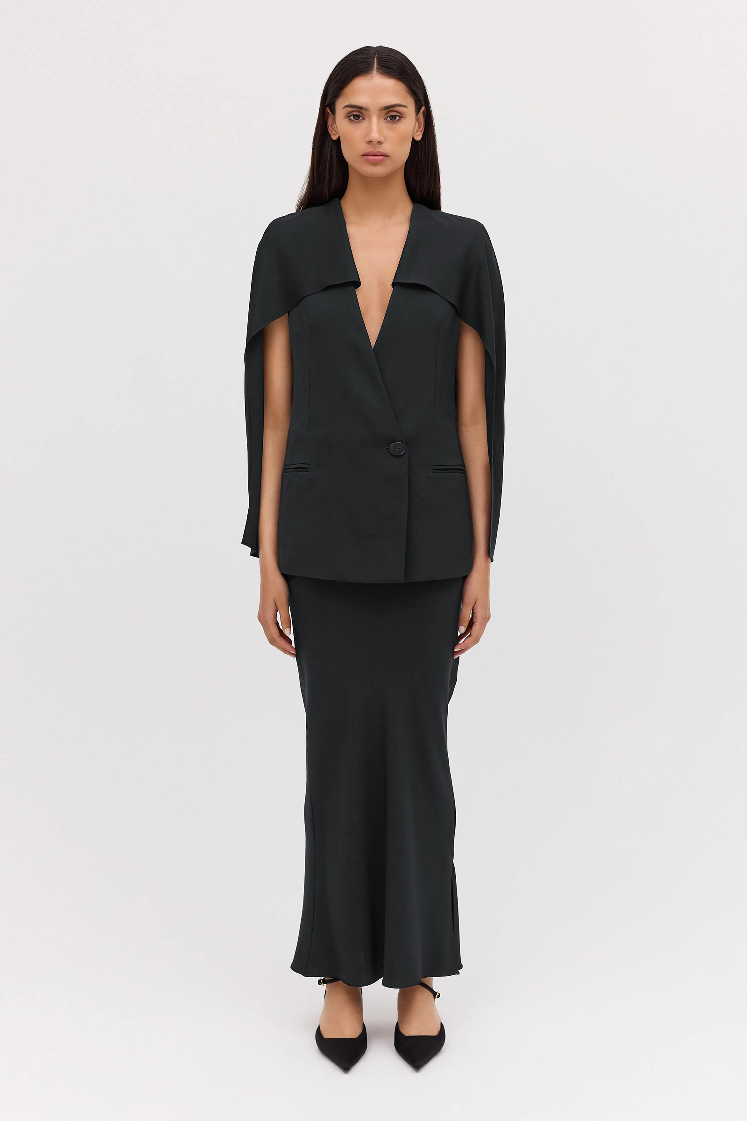 BLACK SATIN SPACES CAPE JACKET