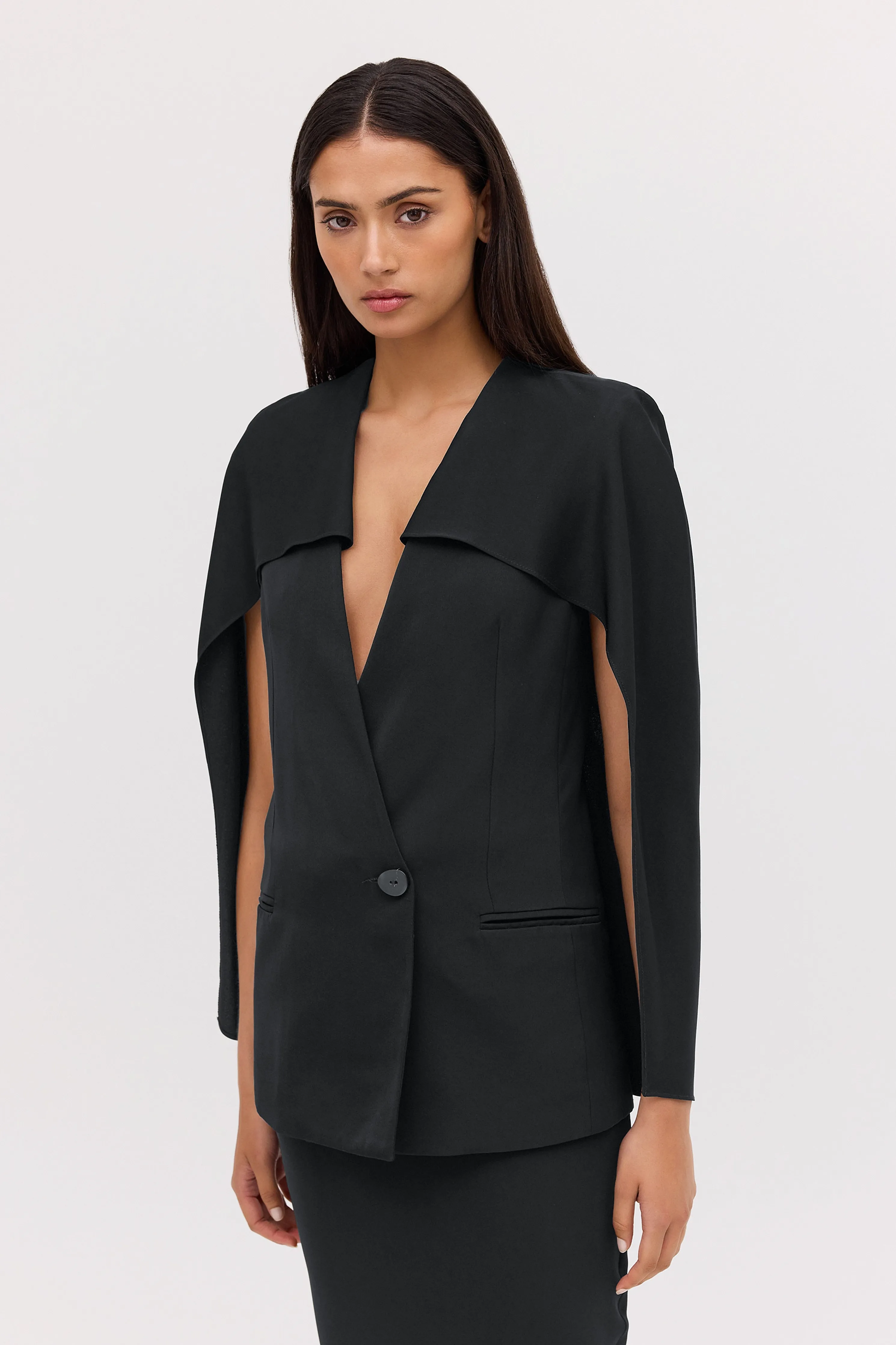 BLACK SATIN SPACES CAPE JACKET