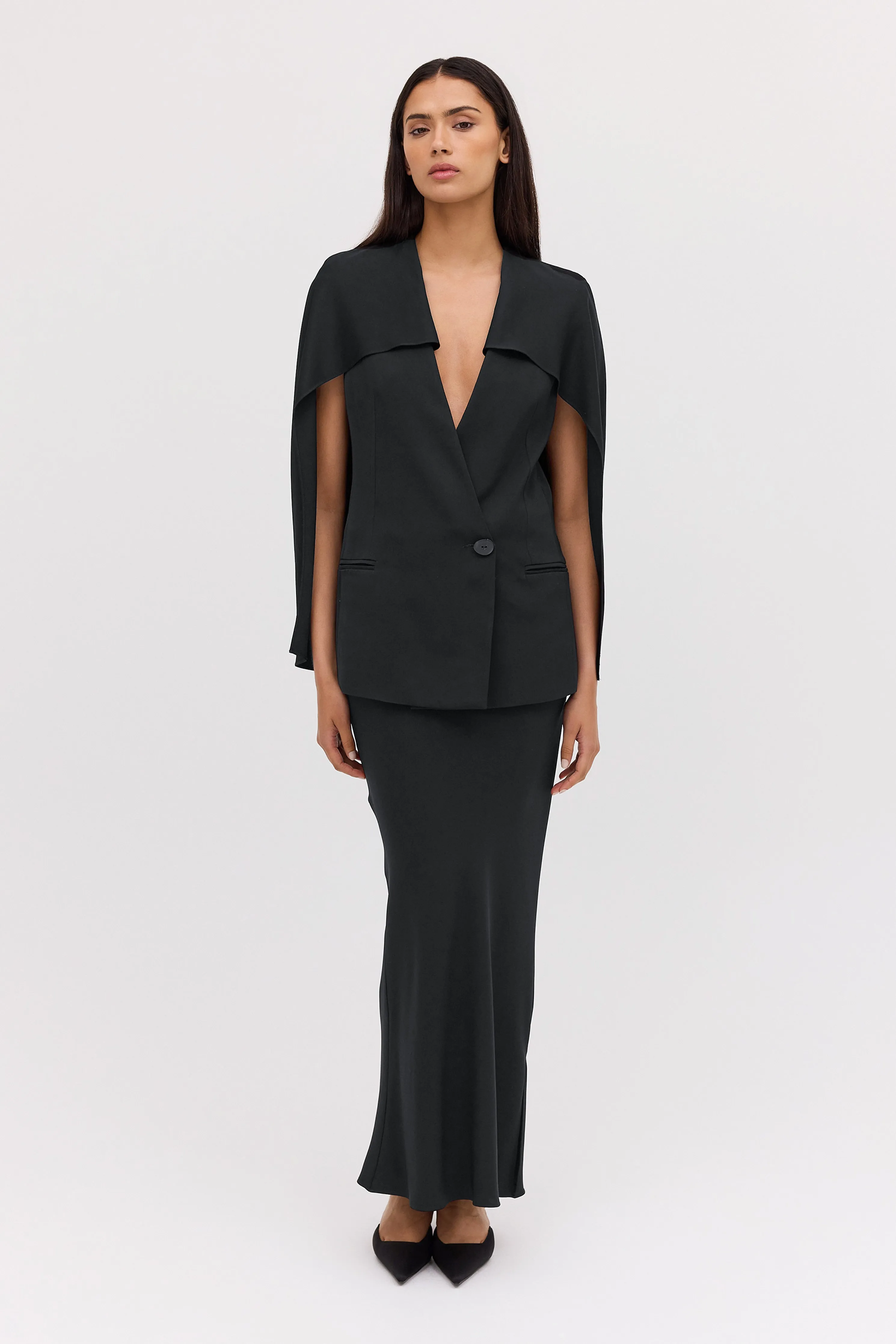 BLACK SATIN SPACES CAPE JACKET