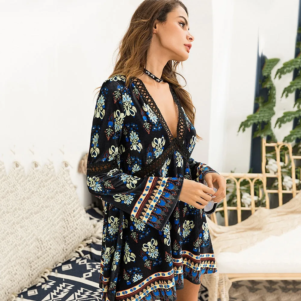 Deep V-Neck Floral Mini Dress