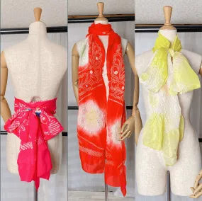 Japanese Obiage, Silk Shibori, Vintage 帯揚げ, Pink Yellow Red, Kimono Accessory, Decorative fabric belt, Long Scarf, Hairband, Soft and light