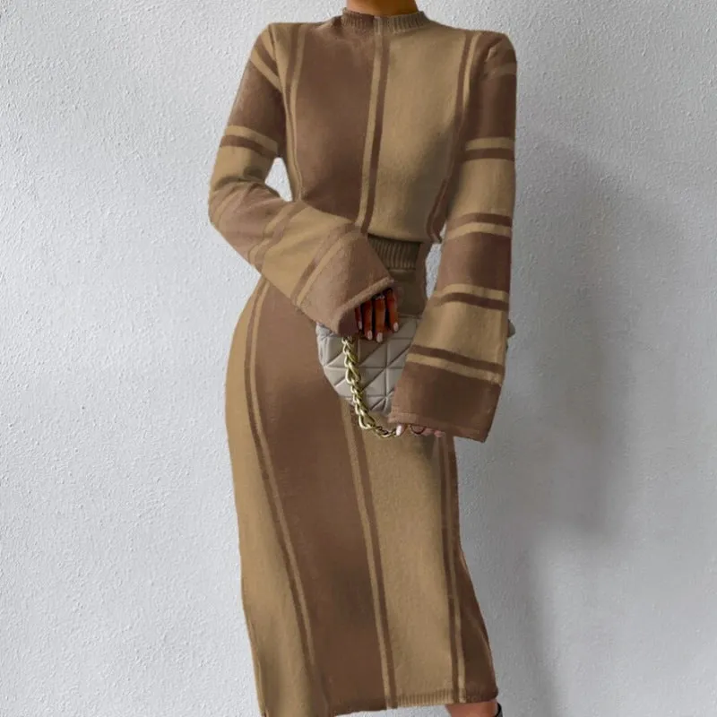 Long Striped Crew Neck Casual Women's Knitted Dress