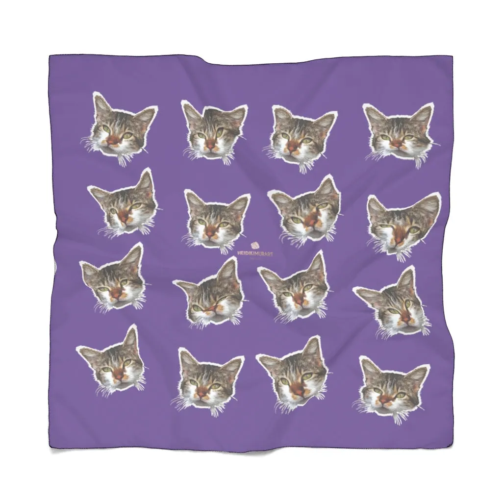 Purple Cat Print Poly Scarf, Cute Sheer Scarves Fashion Accessories For Women- Made in USA