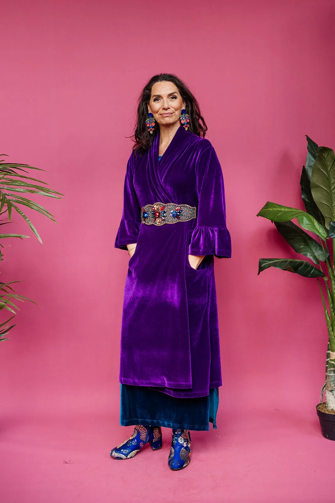 Velvet Ruffle Maxi Cardigan in Purple