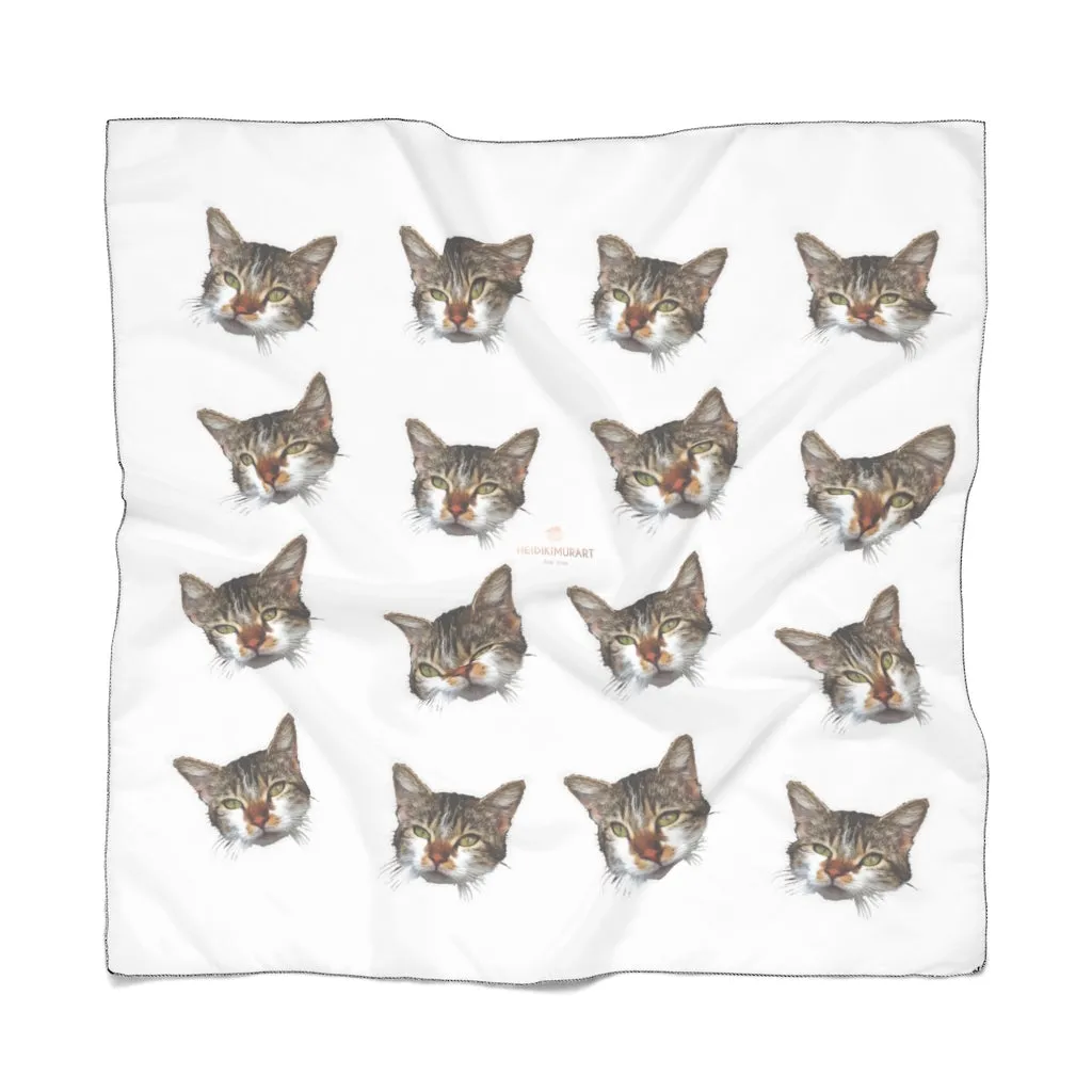 White Cat Print Poly Scarf, Cute Soft Scarves Fashion Accessories For Women- Made in USA